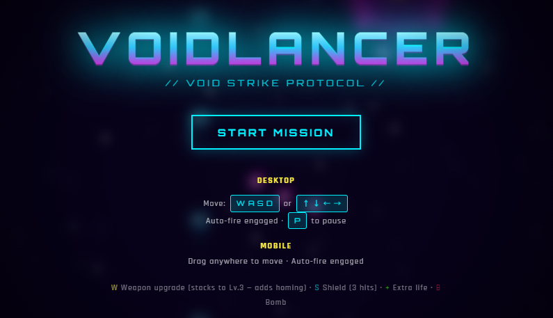 誘導ミサイルで敵を殲滅！3段階武器強化システム搭載のブラウザシューティング「VOIDLANCER」が無料公開