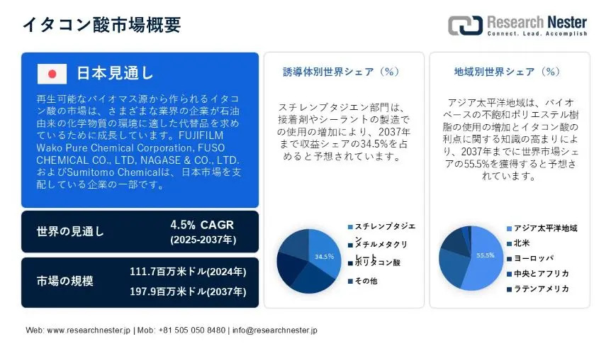イタコン酸市場の地域別・セグメント別概要、成長促進要因（2025年まで）